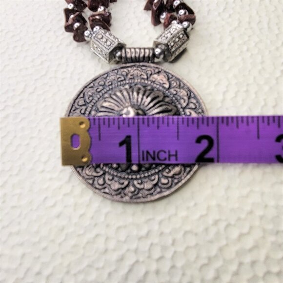Brown Shell and Tubular Silver Tone Bead Necklace with Large Round Pendant - Picture 6 of 8
